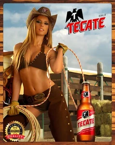 Tecate - Cerveza - Cowgirl - restauriert - selten - Metallschild 11 x 14 - Bild 1 von 4