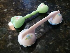 2 Vintage Plastic Baby Rattle Phone Receiver Hearts Green & Pink Floral Accents