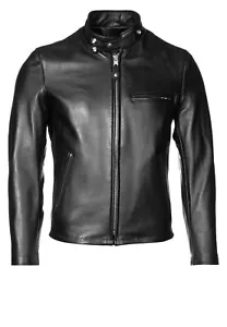 Chaqueta de pie de cuero negro genuino para motociclista de pie con cuello corto ajustado - Imagen 1 de 7