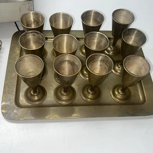 12 Vintage Brass Tray W Stemmed Goblets Wine Chalice Pagan Witch Gothic - Picture 1 of 6