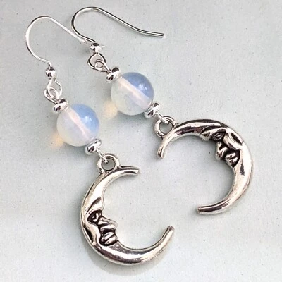 Crescent Moon Face Earrings Opalite Glass Stainless Steel Hooks AUS Handmade - image 1 of 4