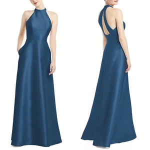 NEW ALFRED SUNG Dusk Blue HALTER STYLE Satin Twill POCKET A-Line EVENING GOWN 2 - Picture 1 of 10