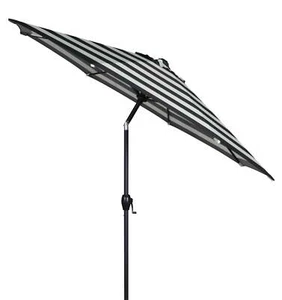 9 ft Black and White Cabana Stripe Round Market Patio Umbrella, Easy Crank New - Picture 1 of 6