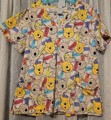 Disney Scrub Shirt Womens Large Short Sleeve Winnie The Pooh Honey Graphic - Image 1 of 4