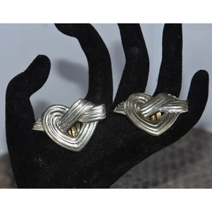 Modernist Taxco Mexican Sterling Silver Knotted Heart Clip Earrings Signed 17.8g - Picture 1 of 8