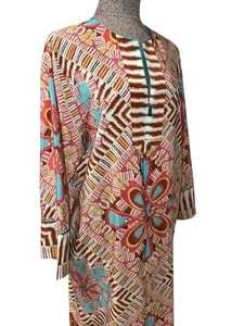 Oscar de la Renta Size M Boho Kaftan Tunic Dress Geometric Resort Lounge Zip - Picture 1 of 10