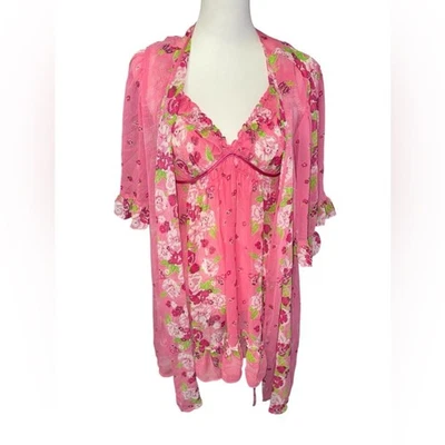 2000s Betsey Johnson Pink Green Floral Chiffon Slip and robe set 2 pc sz Medium - Image 1 of 4