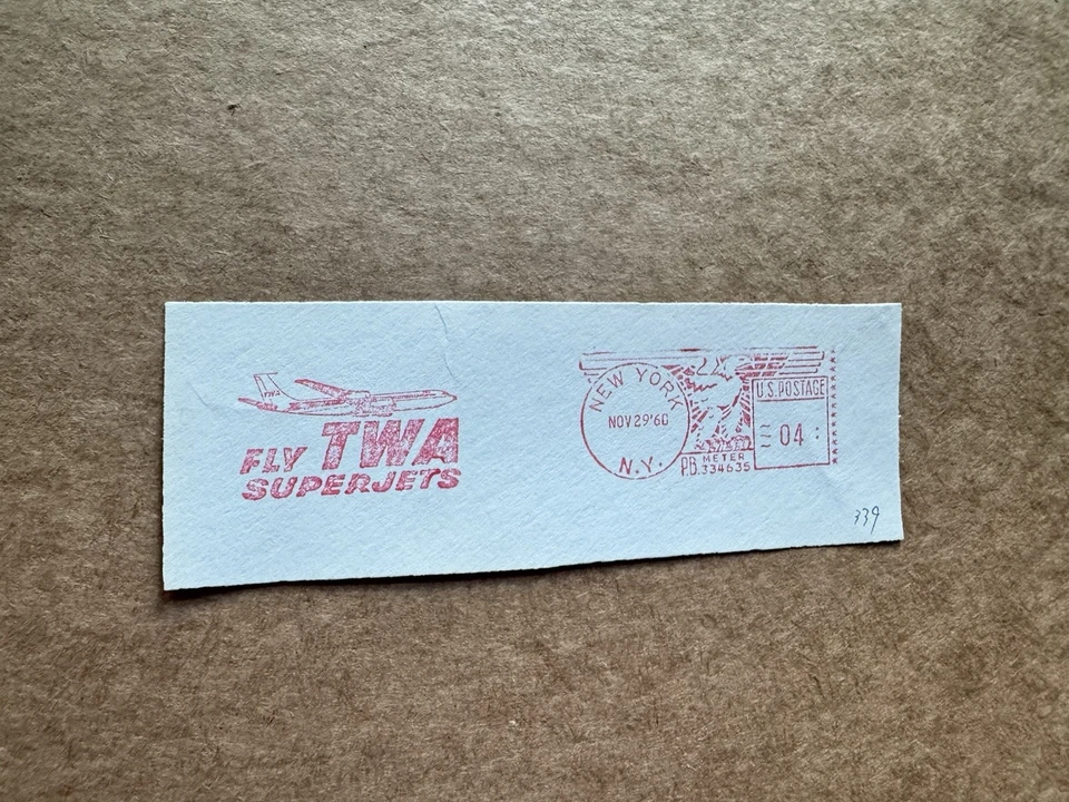 Medidor de línea aérea estadounidense pieza cortada (338) + 1960 Fly TWA SuperJets + PB#334635 NYC Foto 1 de 1