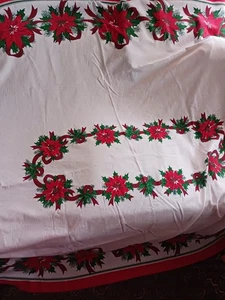 VINTAGE 73x60 OVALE WEIHNACHTSTISCHDECKE MIT WEIHNACHTSSTERN, ZWEIGEN & BÄNDERN - Bild 1 von 23