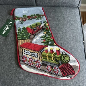 NWT LL Bean Needlepoint 18" Christmas Stocking Tree Train Monogrammed "And" - Picture 1 of 7