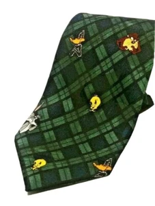 Vintage Looney Tunes Green Novelty Necktie Bugs Bunny Taz Daffy Tweety - Picture 1 of 4