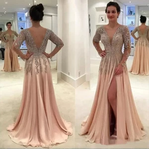 Sexy Side Split Prom Dresses V Neck Beaded Crystal Backless Chiffon Party Gowns - Picture 1 of 11