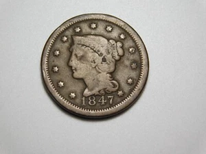 US COINS 1847 BRAIDED HAIR LARGE CENT *BENT* - Picture 1 of 7