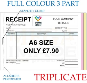 PERSONALISED TRIPLICATE A6 RECEIPT BOOK / PAD PRINT / NCR / INVOICE / ORDER - Picture 1 of 3