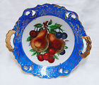 BOWL Vintage Norcrest Bowl China Blue rim, Handles Fruit design Gold trim 7.5" D