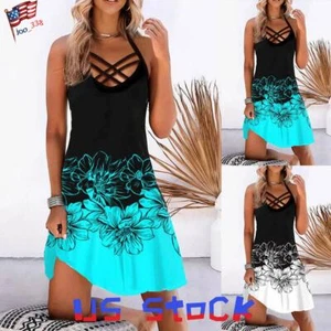 Sexy Womens Floral Sleeveless Swing Dress Casual Summer Beach Mini Sundress - Picture 1 of 10