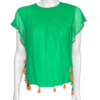 Blusa Banjanan Verde Esmeralda Manga Corta con Borla Naranja Talla: Pequeña Foto 1 de 4