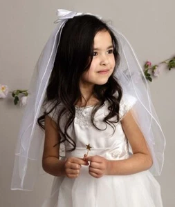 Flower Girls White Satin Bow & Crystal Cross Tulle Veil for Special Occasions - Picture 1 of 5