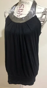 Black Beaded Halter Neck Top Stretch 12 BNWT - Picture 1 of 8