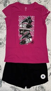 Girls Converse Dark Pink “Shoes” T-Shirt & Black Shorts Set Sz/ XL (16) - Picture 1 of 7