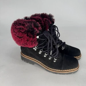 Sam Edelman Women’s Boots Bowen Black Suede Pink Fur Trim Lace Up Combat Sz 8 - Picture 1 of 7