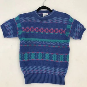 Vintage 90er P.S. Sport kleiner Retro Colorblock Kurzarm Strick Pullover Oberteil blau - Bild 1 von 5