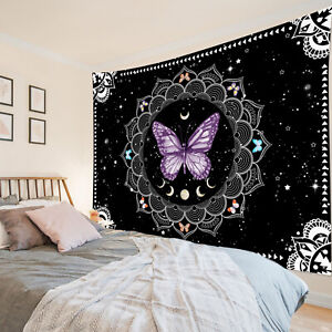 Boho Mandala Moon Phase Purple Butterfly Tapestry for Bedroom Living Room Dorm