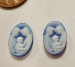 Vintage Genuine Blue Agate Dad Mom Child 14x10mm Oval Flat Back Cameo Stone E448 - Picture 1 of 3