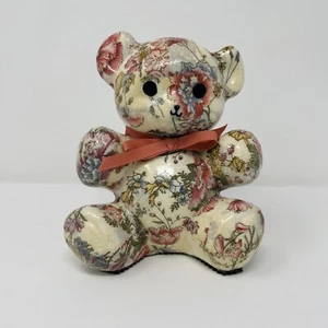 Vintage Floral Glossy Fabric Ceramic Decoupage Teddy Bear 7" Figure Pink Bow - Picture 1 of 5