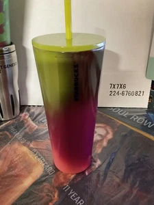 STARBUCKS Bicchiere in metallo 24 oz con paglia ombra rosa fucsia verde tazza - Foto 1 di 2