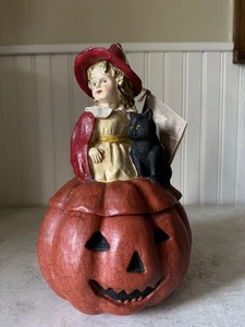 Bethany Lowe Halloween Niña Gato Bruja en Calabaza Caramelo Plato Cuenco con Tapa - Imagen 1 de 12