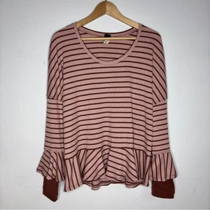 Free People We The Free Pink Brown Round About Striped Peplum Tee Size M - Picture 1 of 11