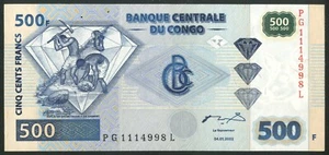 República Democrática del Congo, Banco Nacional del Congo, 500 francos, AUNC - Imagen 1 de 2