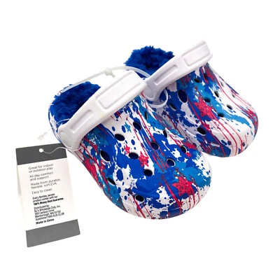 Berkley Jensen Kids Size C6 Faux Fur Lined Clogs Red White Blue Star Splatter - Image 1 of 4
