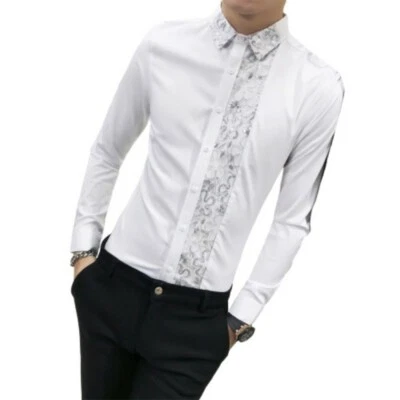 Men's Long sleeve Lace Patchwork Shirt Glitter Sequined Nightclub Button Front # - Image 1 of 4