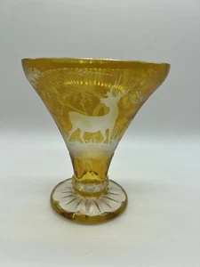 Vintage böhmischer bernsteinfarbener Schnitt auf klare Vase Jagd Hirsch böhmischer Fan Form 6,25 Zoll SELTEN - Bild 1 von 10