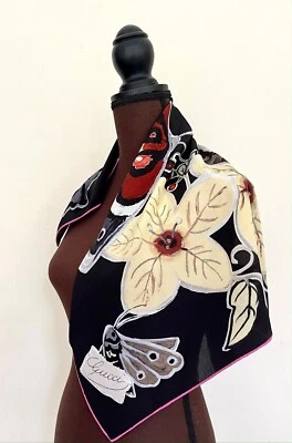 New Gucci Scarf Bandana GG Logo Kris Knight Butterfly Black Floral Silk Wrap - Image 1 of 4