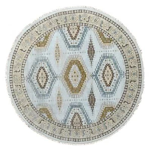8'x8' Gossamer Veil Gray Hand Knotted Zoroastrian Village Wool Round Rug R84921 - Picture 1 of 8
