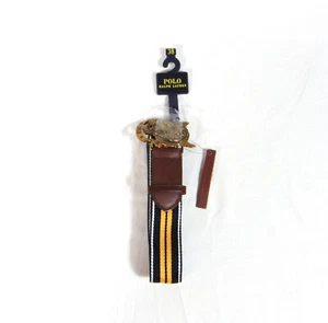 Ralph Lauren POLO Tiger Buckle Leather & Canvas Navy Gold Striped Belt Sz 38 NEW - Picture 1 of 4