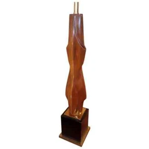 Mid Century Modern Laurel Table Lamp Tall Carved Wood with Brass Black Base - Picture 1 of 9