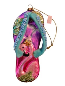 Flip Flop Pink Flamingo Tropical Coastal Sandal Florida Glass Christmas Ornament - Picture 1 of 4