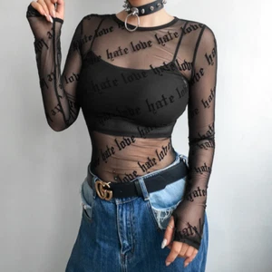 Love Hate Mesh See-Through Top Letter Print Long Sleeve Net Streetwear Blouse - Bild 1 von 5