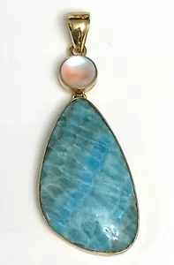 Charles Albert Turquoise Blue Dyed Stone Calcite? Lavender and Gold Tone Pendant - Picture 1 of 7