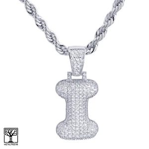 I Initial Silver Plated Custom Bubble Letter Iced CZ Pendant 24" Chain Necklace  - Picture 1 of 4
