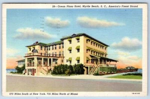 1949 MYRTLE BEACH SC OCEAN PLAZA HOTEL OCEAN ANTERIORE CARTOLINA LINO VINTAGE - Foto 1 di 2