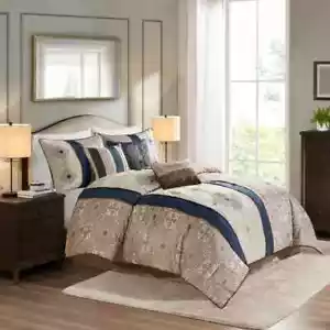 ¡NUEVO! HERMOSO JUEGO DE EDREDÓN MODERNO CHIC AZUL MARINO MARRÓN LUJO GRIS TOPO BEIGE - Imagen 1 de 7