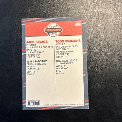 55a 1988 Fleer #650 Jack, Savage, Todd Simmons, Los Angeles Dodgers Rookie - Image 1 of 2