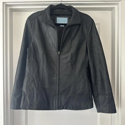 Nine West 夹克女式大号黑色皮革全拉链经典摩托风格口袋 — 第 1/4 张图片