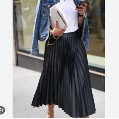 Maxi Falda Zara Plisada Efecto Satén Negra Midi Maxi Elástica Pull On 9878/052 L Foto 1 de 4