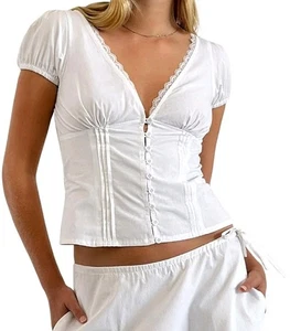 Women Y2K Babydoll Top Sexy Deep V Neck Low Cut Button Down Lace Trim Shirt - Picture 1 of 4
